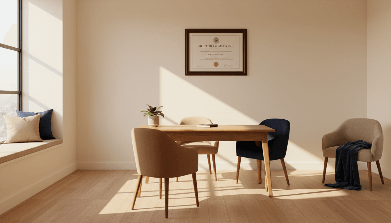 Clean doctor consultation room with desk and chairs