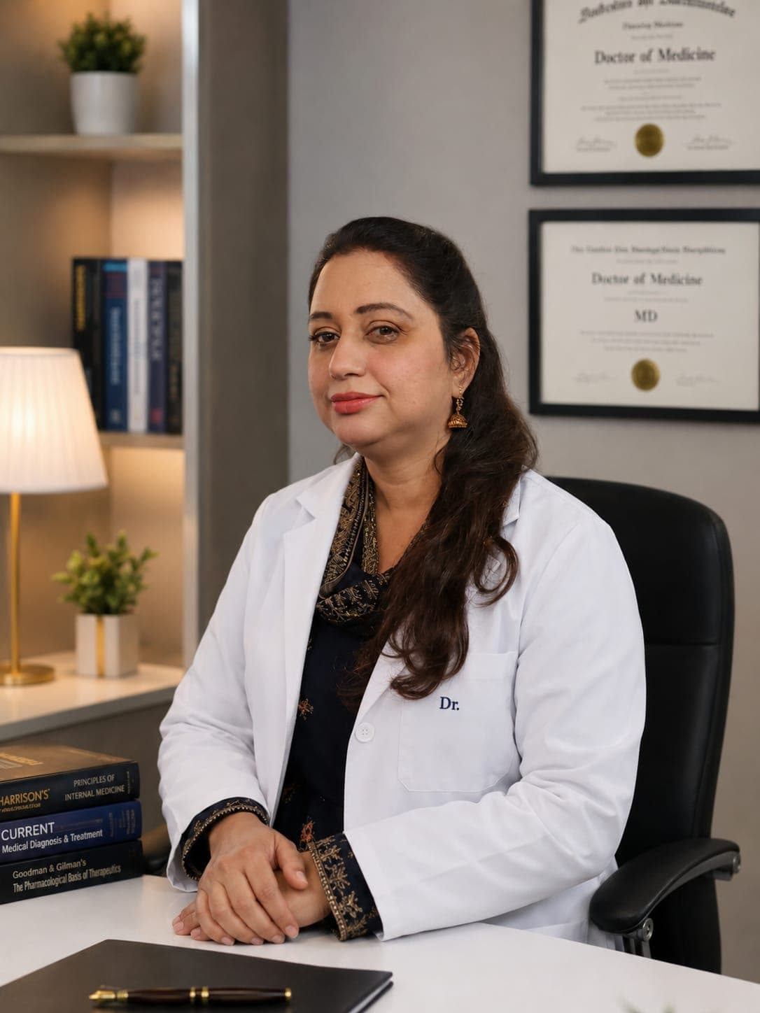 Female physician in a white coat sitting at a desk with medical diplomas and textbooks.